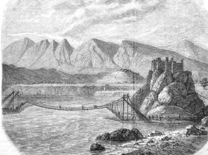 Rope bridge over the Jhelam near Sirinagur, Srinagar, Kashmir, India, Historical, Reproduction from