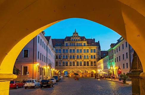 Night-time view of the Lower Market Square and the New Town Hall of Görlitz, Goerlitz, Germany