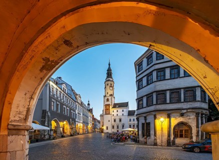 View of Untermarkt - Lower Market Square and the Old Town Hall Clock Tower, Görlitz, Goerlitz,