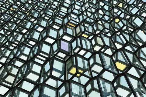 Honeycomb windows, glass façade, Harpa concert hall, architect Henning Larsen, façade by artist