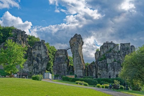 The Externsteine, a sandstone rock formation around 40 metres high in the Teutoburg Forest, are a