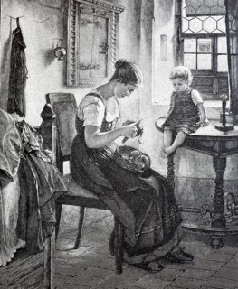 Preparing lunch, woman peeling potato, child sitting on the table and watching, c. 1888,