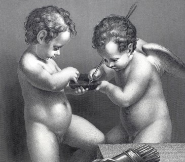 Cupids, figure of a naked, winged boy, as companion of the Roman god of love, putti, steel