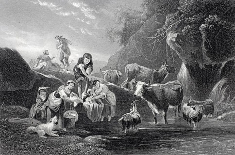 The watering place, woman washing clothes at the spring and the animals drinking the water, steel
