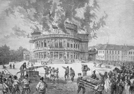 The fire at the court theatre in Dresden, 21 September 1869, Germany, Historical, Reproduction from