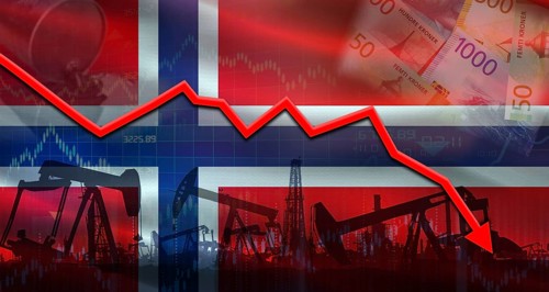 Fall oil price with flag of Norway on economic chart. Petrol crisis with Norway flag on financial