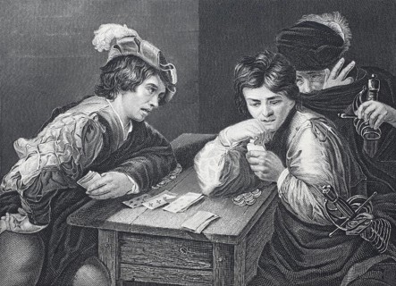 The players, two men playing cards for money, a third looks on, steel engraving after a painting by