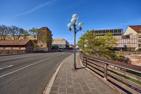 Traffic area, general architecture, lantern, trees, wooden fence, pavement, pavement slabs, city