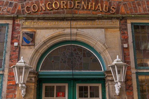 Entrance to the Concordenhaus, student fraternity T.V. Concordia from 1895, lamps, stained glass,