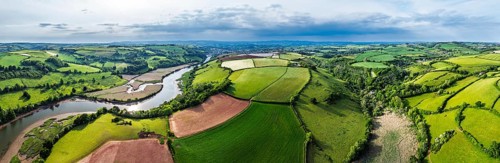 Panorama of Farms and Fields over River Dart from a drone, Stoke Gabriel, Totnes, Devon, England,
