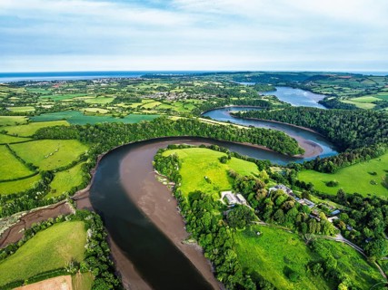 Farms and Fields over River Dart from a drone, Stoke Gabriel, Totnes, Devon, England, United