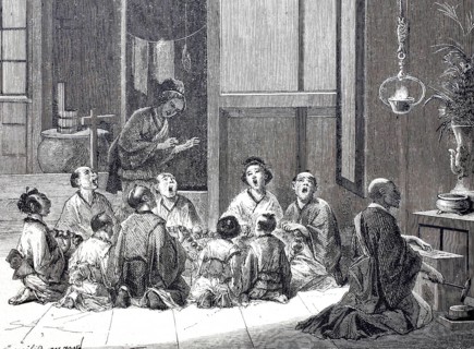Japanese family gathered for prayer, praying, religion, home altar, 1870, Japan, Historical,