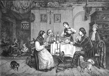 The student on holiday at home with his family at the kitchen table, Historical, Reproduction from