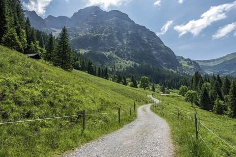Hiking trail in Bärgunttal, behind Großer Widderstein, near Baad, Kleinwalsertal, Vorarlberg,