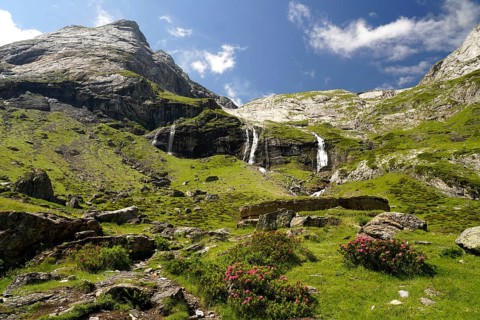 Waterfall at the Cirque de Troumouse basin in the Pyrenees National Park near Gavarnie-Gèdre,
