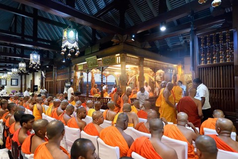 Monks in a prayer session, Temple of the sacred Tooth Relic or Sri Dalada Maligawa, Kandy, Sri