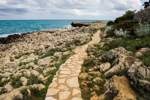 Picturesque wild hiking trail on the coast, Sentier du Littoral, Cap d'Antibes, Antibes, Provence