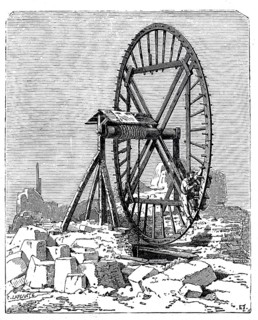 Lifting loads in quarries using a wheel driven by human power, digitally enhanced reproduction of a