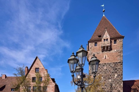 School tower, lantern, historic building, blue sky, cirrostratus clouds, Nuremberg, Middle