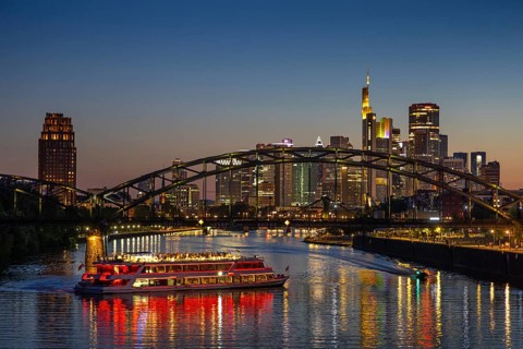 The lights of Frankfurt's banking skyline glow in the evening, Osthafen, Frankfurt am Main, Hesse,