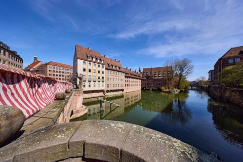 Pedestrian bridge, river Pegnitz, general architecture, Heilig-Geist-Spital, historical buildings,