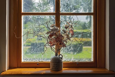 A ceramic vase with dried branches stands on a sunny windowsill in front of an old window with a