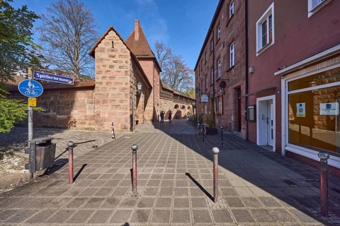 Old town, city fortification, city wall, buildings, trees, bollards, blue sky, Spittlertor wall,