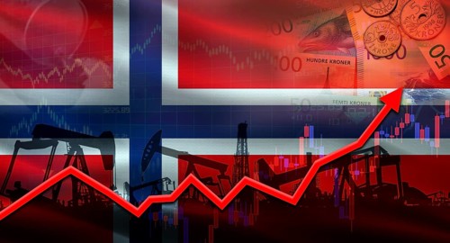Oil pumps with Norway flag. Oil production with Norway flag, petrol industry