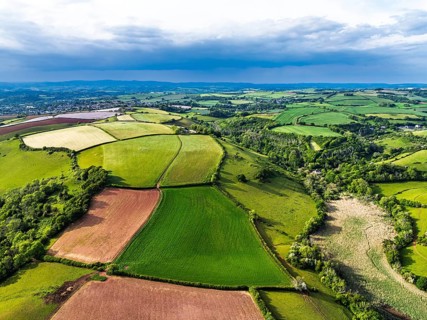 Farms and Fields over River Dart from a drone, Stoke Gabriel, Totnes, Devon, England, United