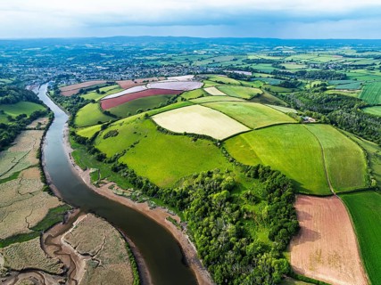 Farms and Fields over River Dart from a drone, Stoke Gabriel, Totnes, Devon, England, United