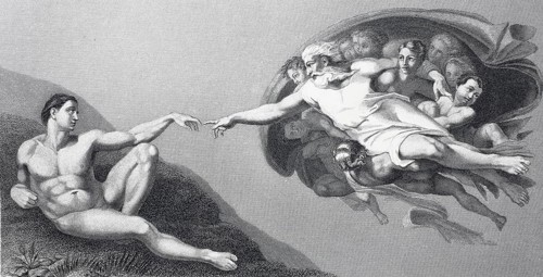 The Creation of Man, Sistine Chapel, steel engraving after the fresco by Michelangelo, Vatican,