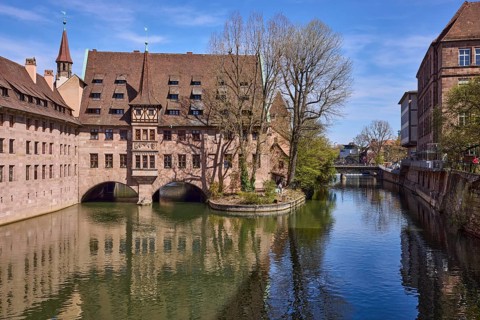 Heilig-Geist-Spital, historic hospital, river Pegnitz, historic buildings, trees, symmetrical