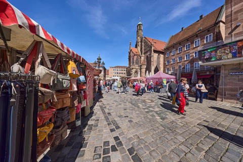 Church of Our Lady, church, pedestrian zone, square, historical buildings, market, market stalls,