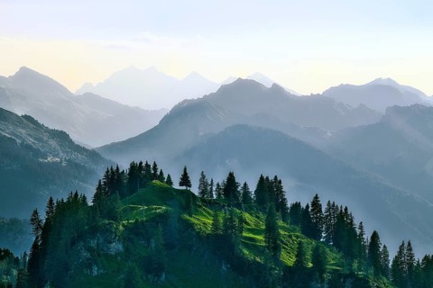 View from the Pragel Pass over the Muota Valley in the evening light, Central Swiss Alps, Canton