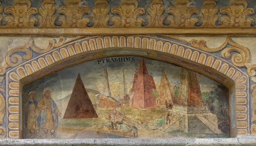 Fresco of the Pyramids of Giza at the Fountain of Wonders, 1508, in the courtyard of Neustift St