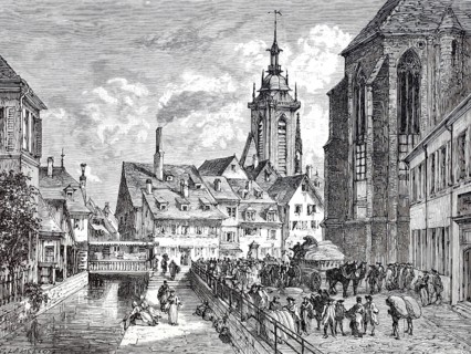 The corn market in Colmar, 1870, Alsace, France, Historical, digitally enhanced reproduction of a