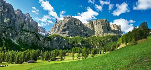 Mountains and pastures of the Sella plateau near Colfosco, 1, 645 m (5) (396 ft), at the foot of