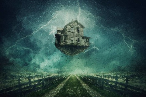 Alluring painting of a flying haunted house with stormy clouds and lightning in the sky. Home