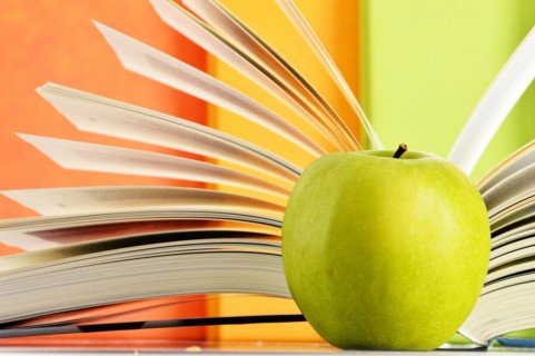 Composition with hardcover books and apple in the library