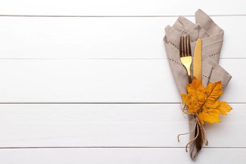 Autumn table setting on white wooden table Thanksgiving or Octoberfest vintage background copy