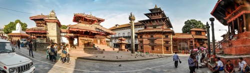 Kathmandu, Nepal, circa June 2012: Photo of old buildings and people at Durbar Square in Kathmandu,