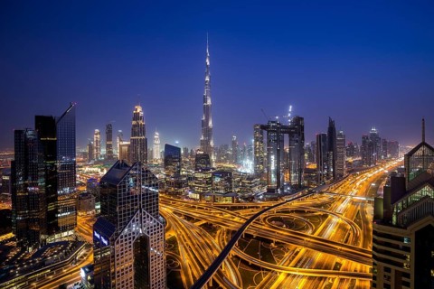 Dubai, UAE, July 19, 2018: Beautiful view of Dubai skyline at night