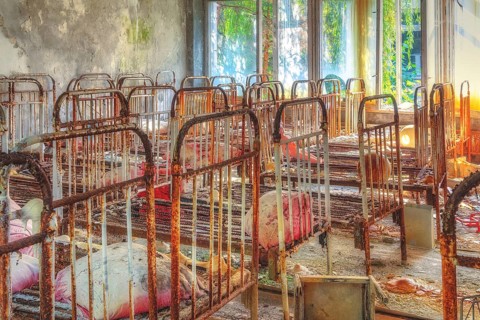Beds in dormitory, Golden Key Kindergarten, Lost Place, Prypyat, Chernobyl exclusion zone, Ukraine,