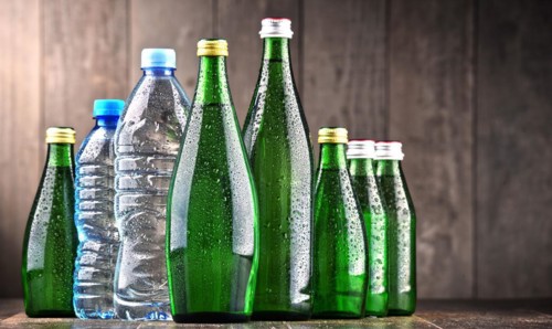 Composition with different sorts of bottles containing mineral water