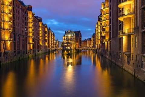 The historic Speicherstadt in Hamburg by night