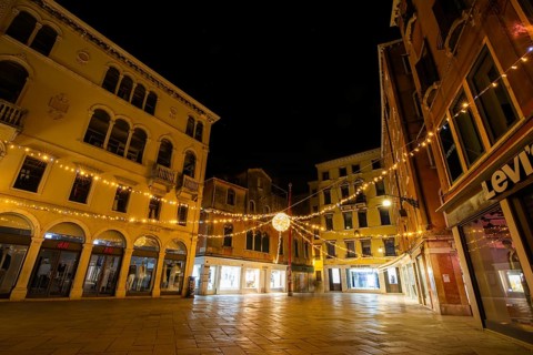 Lighting in the historic centre, night shot, Campo San Luca, Venice, Italy