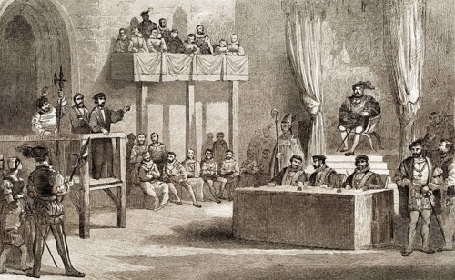 John Lamberts Prozess vor König Heinrich VIII., Westminster, England, 1538