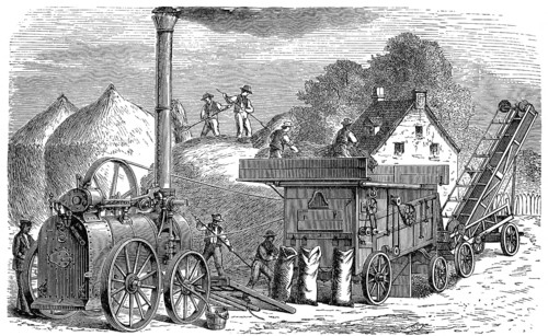 Historical graphic representation, 1896, steam engine powering an old threshing machine, eine