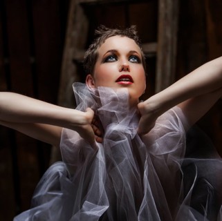 Female nude with tutu in front of a wooden ladder