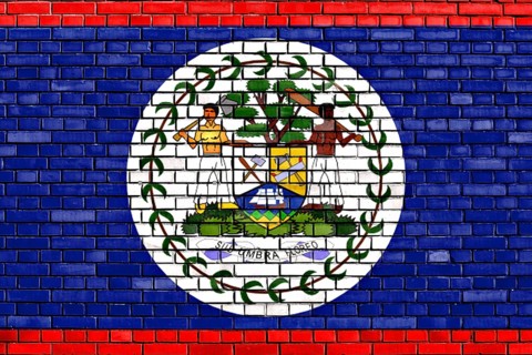 Flag of Belize painted on brick wall